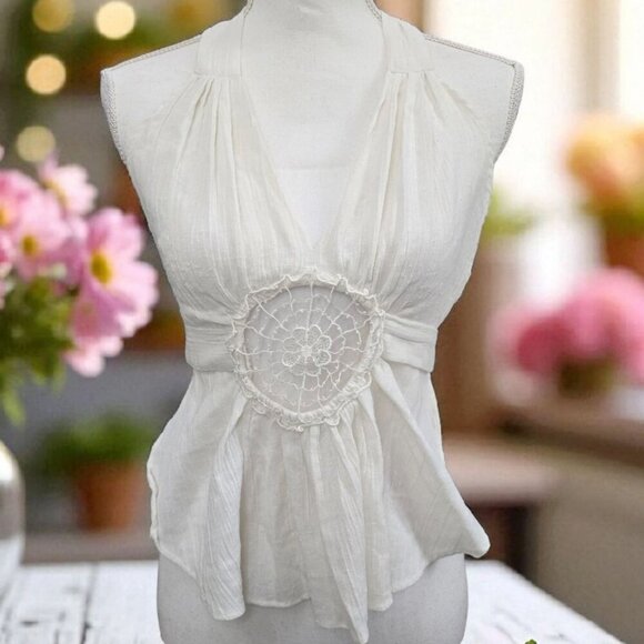 Boho ✦ White Halter Top ✦ Crochet Detail Semi-Sheer Cotton Lace Tie-Back Size OS - Picture 2 of 11
